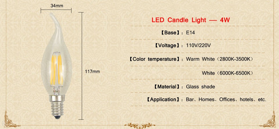 1Pcs Soft light Enough Watt AC110V 220V 2W 4W LED Filament Retro Edison Candle lamp E14 COB Eyesight Protection LED Glass Bulb