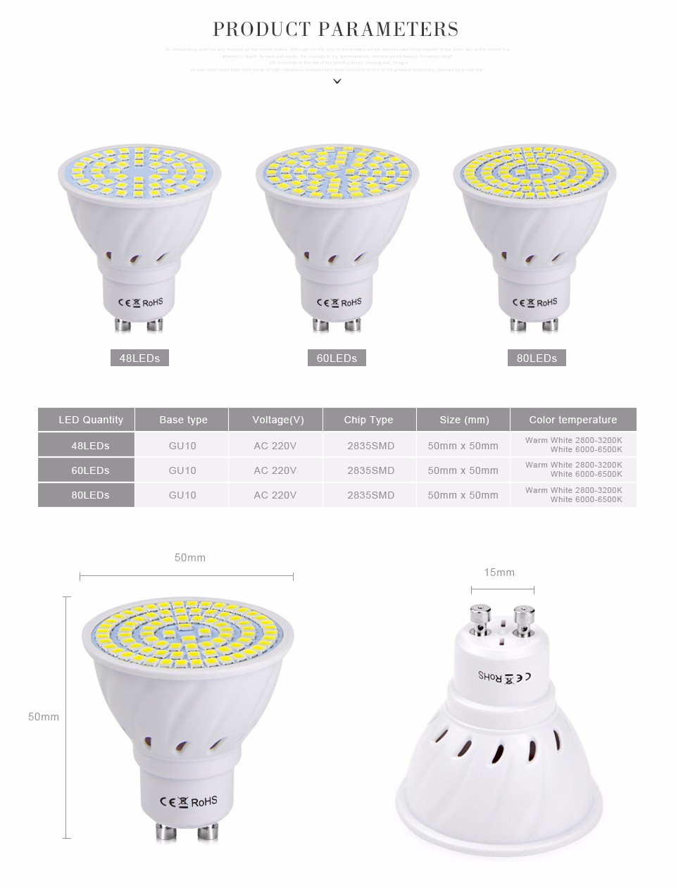 GU10 2835SMD 220V 240V LED Spotlight Lighting Bombillas Bulb 48 60 80 LEDs LED Lamp For Indoor Kitchen spot light