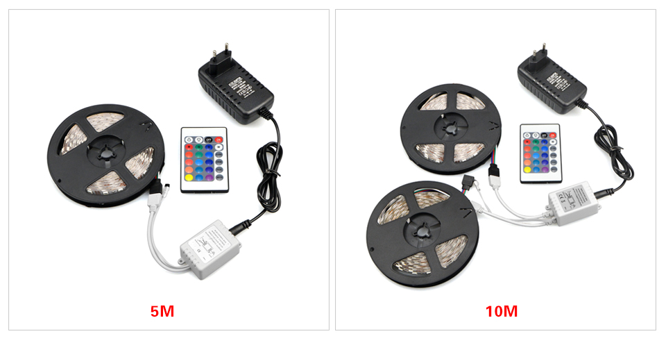 IP20 No waterproof DC 12V 5m 10m 3528 SMD 5050 SMD RGB LED Strip light LED tape 24key remote controller 3A power adapter