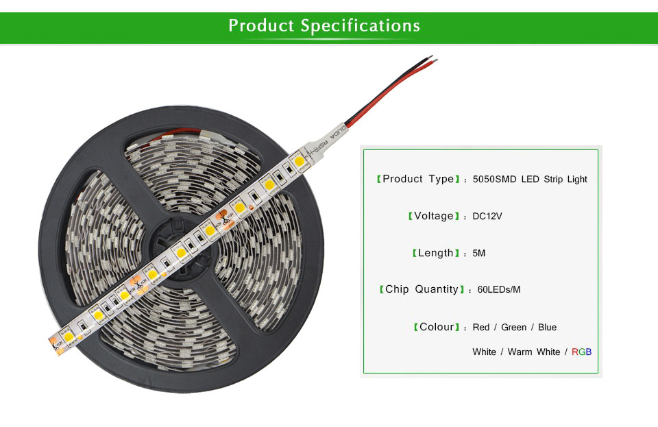 IP65 Waterproof White Warm white Red Green Blue RGB DC12V 5M 5050 SMD LED Strip light Flexible Lampada Tape Ribbon Lamp