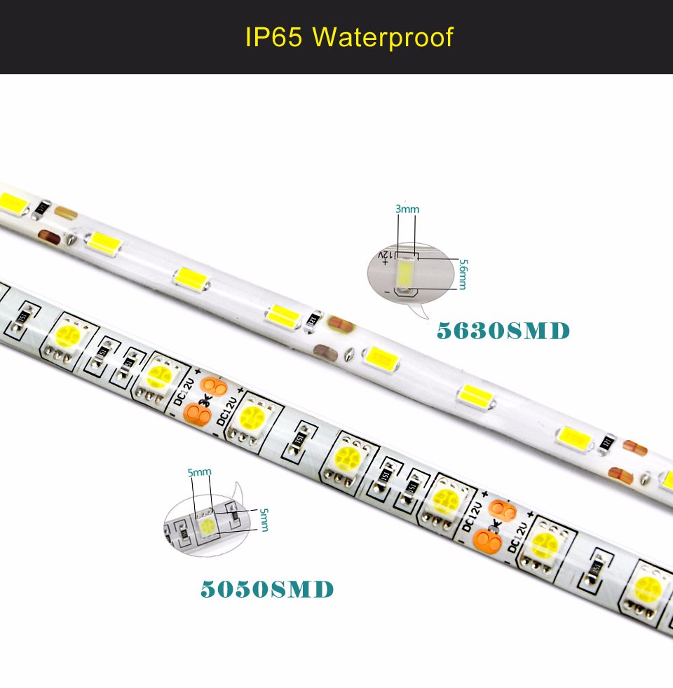 Waterproof LED Strip light 5630 5050 SMD fiexible lamp 5m DC12V 300 LEDs Tape flexible Strip Light Tira Home Decor Lamp Car Lamp