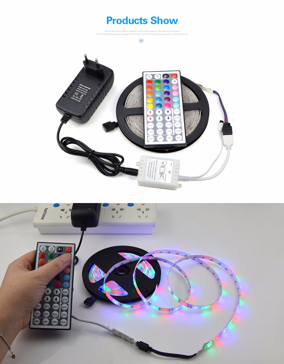 1set DC 12V 300LEDs RGB LED Strip light 2835 3528 SMD Tape 5M IP65 IP20 no waterproof 3A Power supply Adapter 44 24key