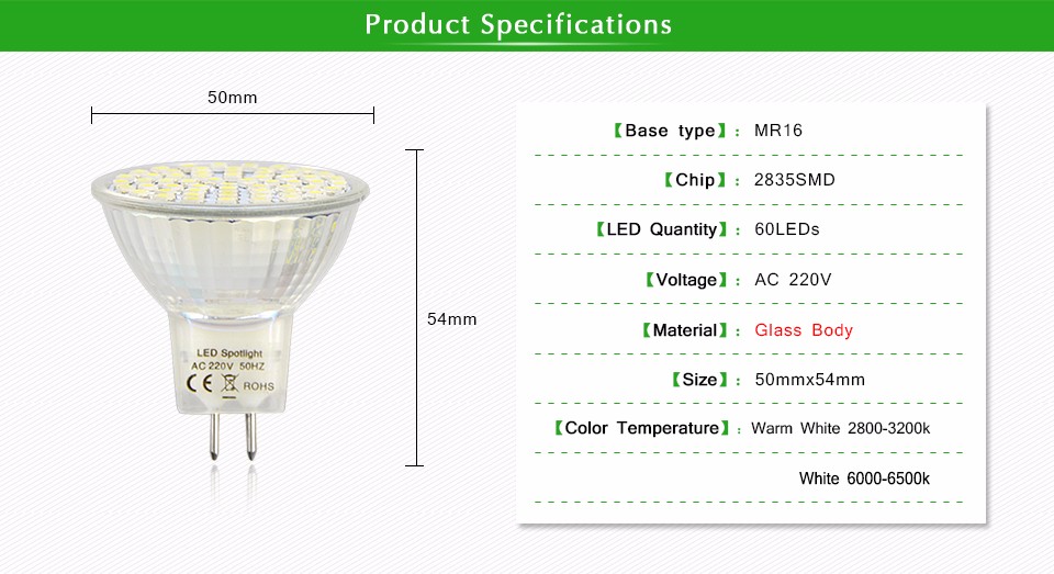 MR16 GU5.3 LED lamp AC220V 2835 SMD 60LEDs Heat resistant Fireproof LED Spotlight Bulb light 450 500LM A Engergy Class