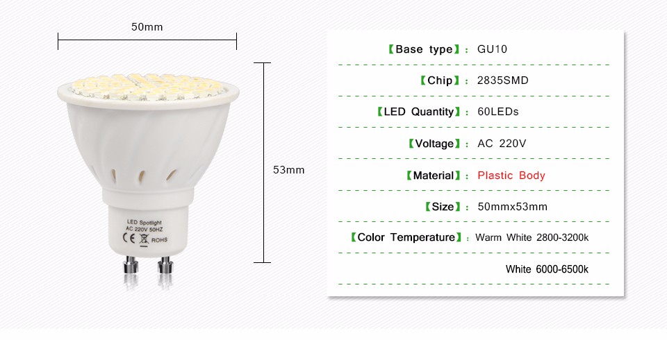 High lumen GU10 LED Spotlight Bulb 220V 550 600LM 2835 SMD 60 LEDs lamp Heat resistant Plastic Glass Body For Indoor lighting