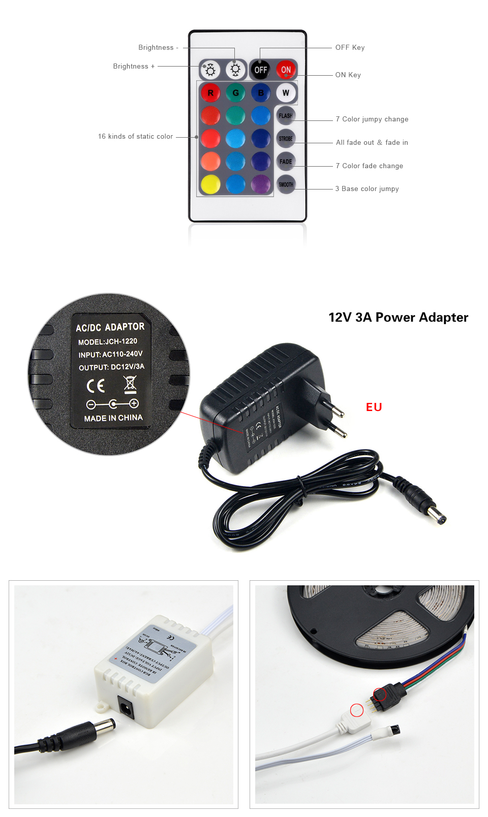 IP20 IP65 waterproof RGB LED Strip light DC 12V 5M 10M LED lighting 3528 2835 SMD LED lamp Tape 3A Power Adapter IR Remoter