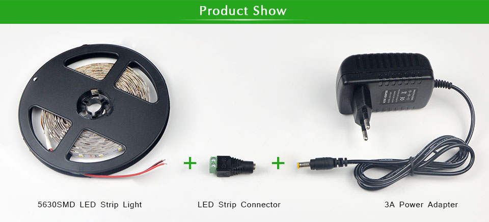 DC12V 5m 5630 SMD LED Strip light IP20 no waterproof Indoor Decorative lamp Flexible tape Lighting with 3A Power Supply adapter