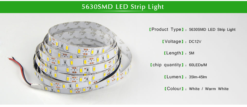 DC12V 5m 5630 SMD LED Strip light IP20 no waterproof Indoor Decorative lamp Flexible tape Lighting with 3A Power Supply adapter