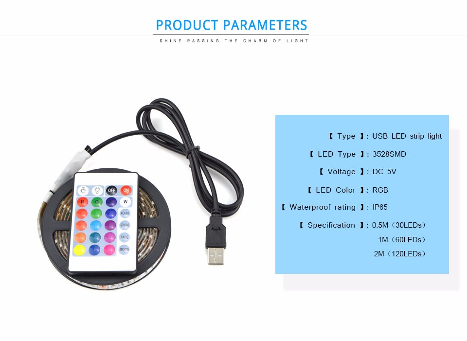 IP65 waterproof decor TV Background Lighting 5V 50cm 1m 2m RGB 3528 5050 SMD USB LED strip light lamp 24Key remote Controller