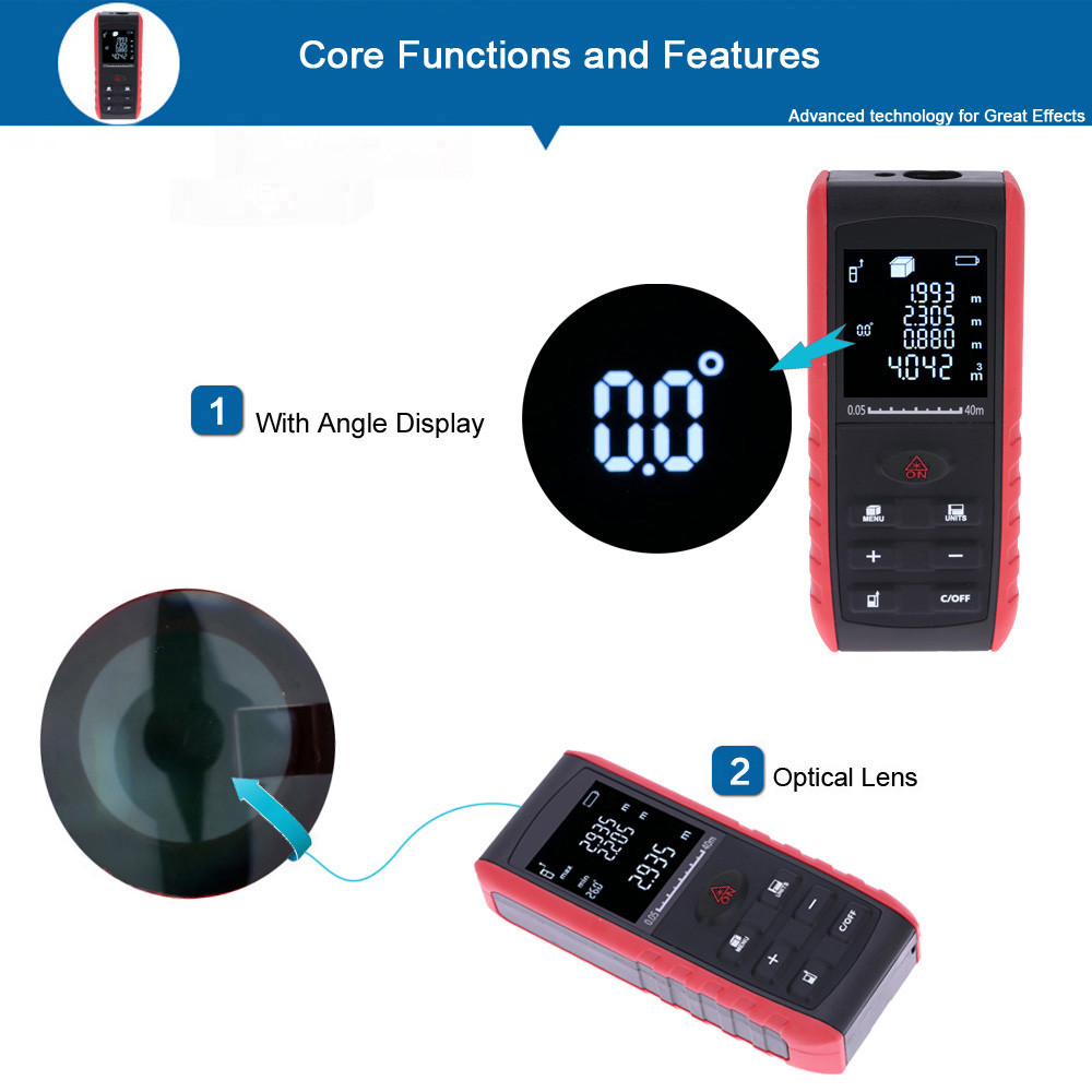 40m high precision Digital Laser rangefinder Handheld laser Distance Meter Range Finder Area Volume Measurement Angle Indication