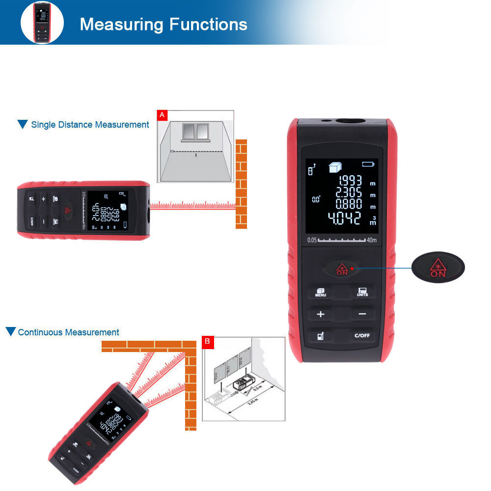 40m high precision Digital Laser rangefinder Handheld laser Distance Meter Range Finder Area Volume Measurement Angle Indication