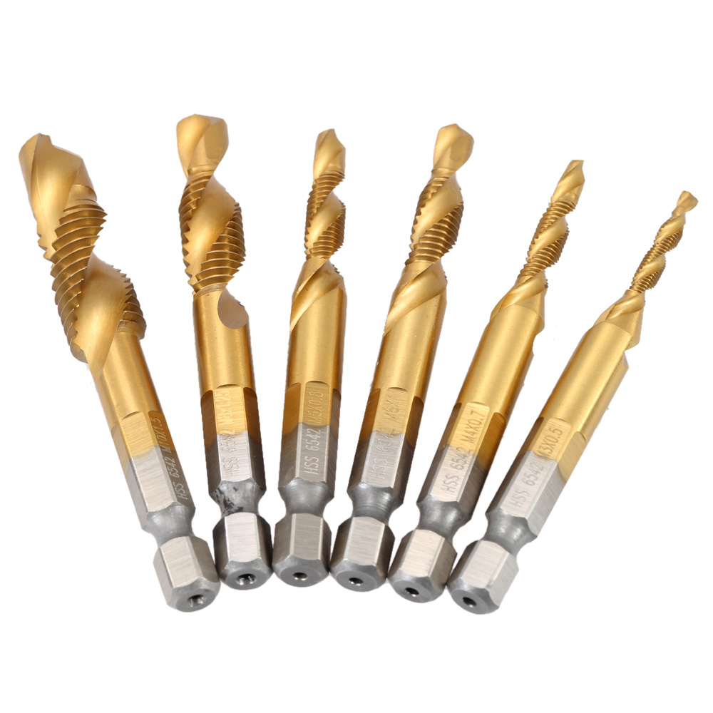 6 Pcs set HSS 6542 Titanium Coated Woodworking Combined Tap and Drill Metric Deburr Countersink Bits Strong Hex Shank Spiral Tap