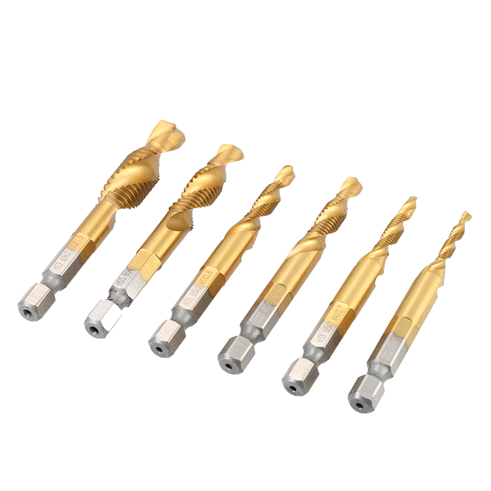 6 Pcs set HSS 6542 Titanium Coated Woodworking Combined Tap and Drill Metric Deburr Countersink Bits Strong Hex Shank Spiral Tap