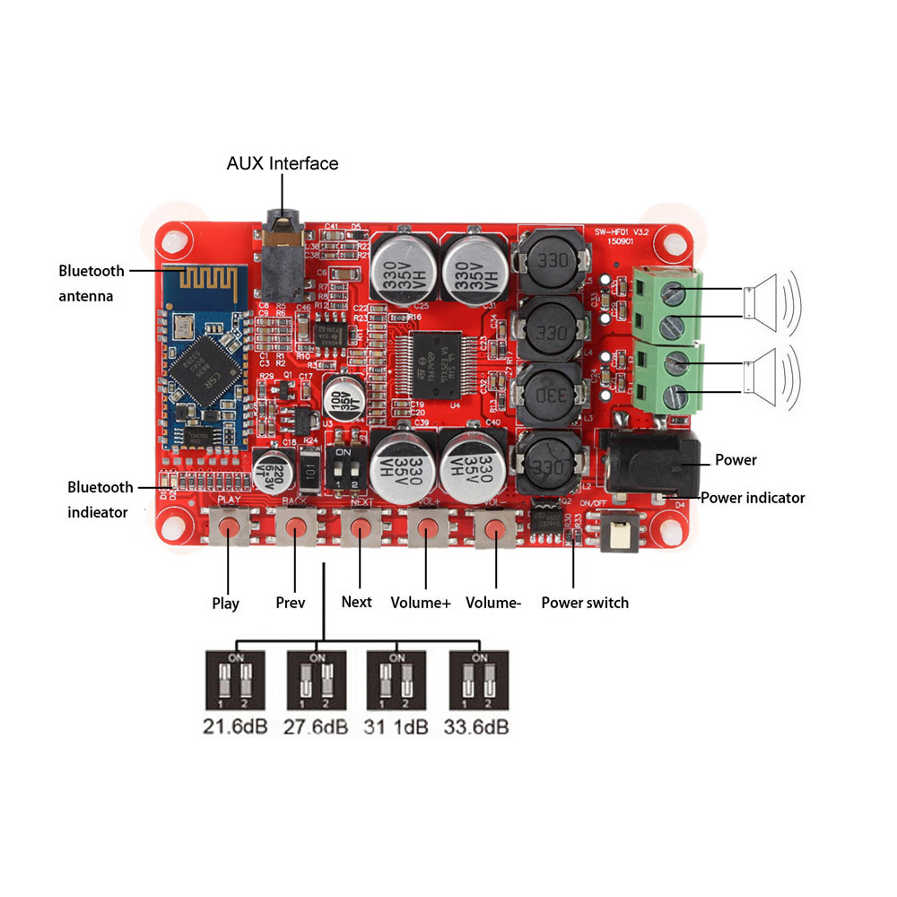 TDA7492P 2x25W Bluetooth 4.0 Audio Receiver Amplifier Board Module with AUX Interface + Acrylic DIY Case Kit Cover