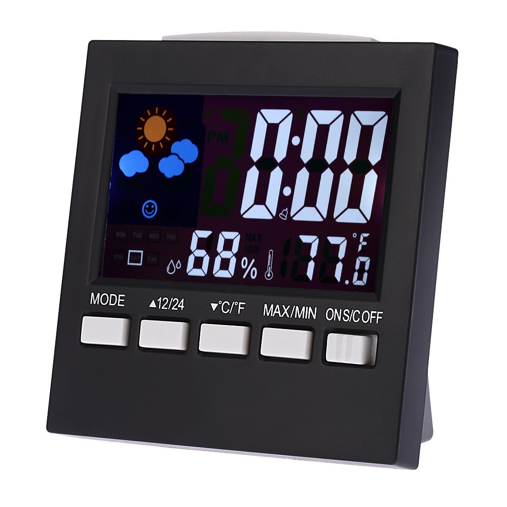 Colorful LCD Digital Thermometer Hygrometer Multi use termometro Clock Alarm Snooze Function Calendar Weather Forecast Display