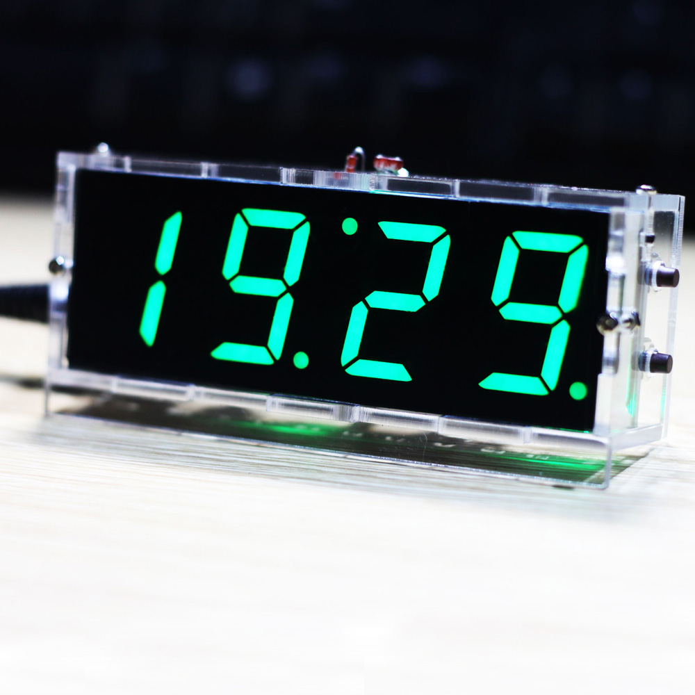 Compact 4 digit DIY Digital LED Clock Kit DIY Clock Accessory Light Control Temperature Date Time Display with Transparent Case