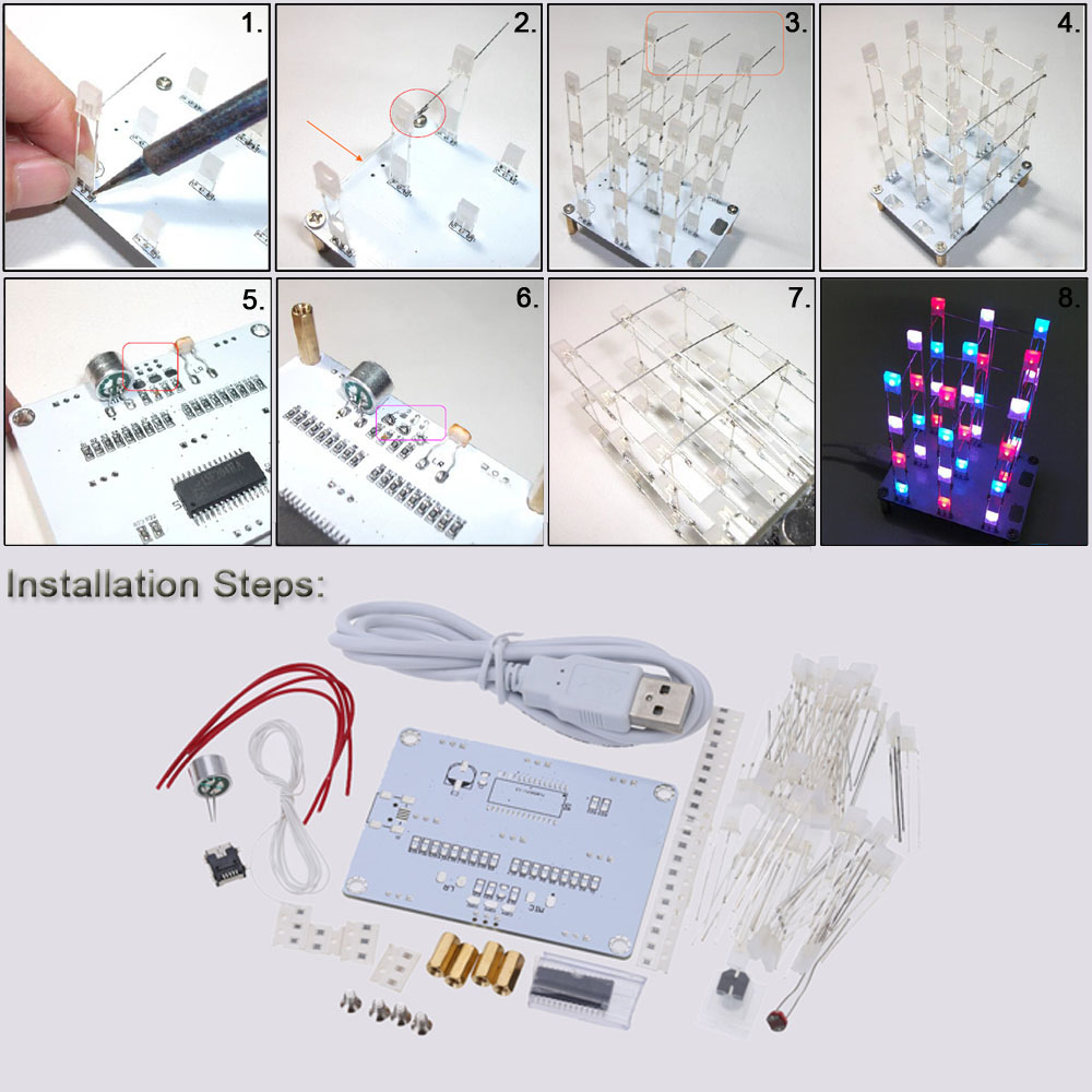 DIY Electronic LED Display Kit 3x3x4 Color 40pcs LEDs Light Cube Sound Light Control DIY LED Light Cube Kit