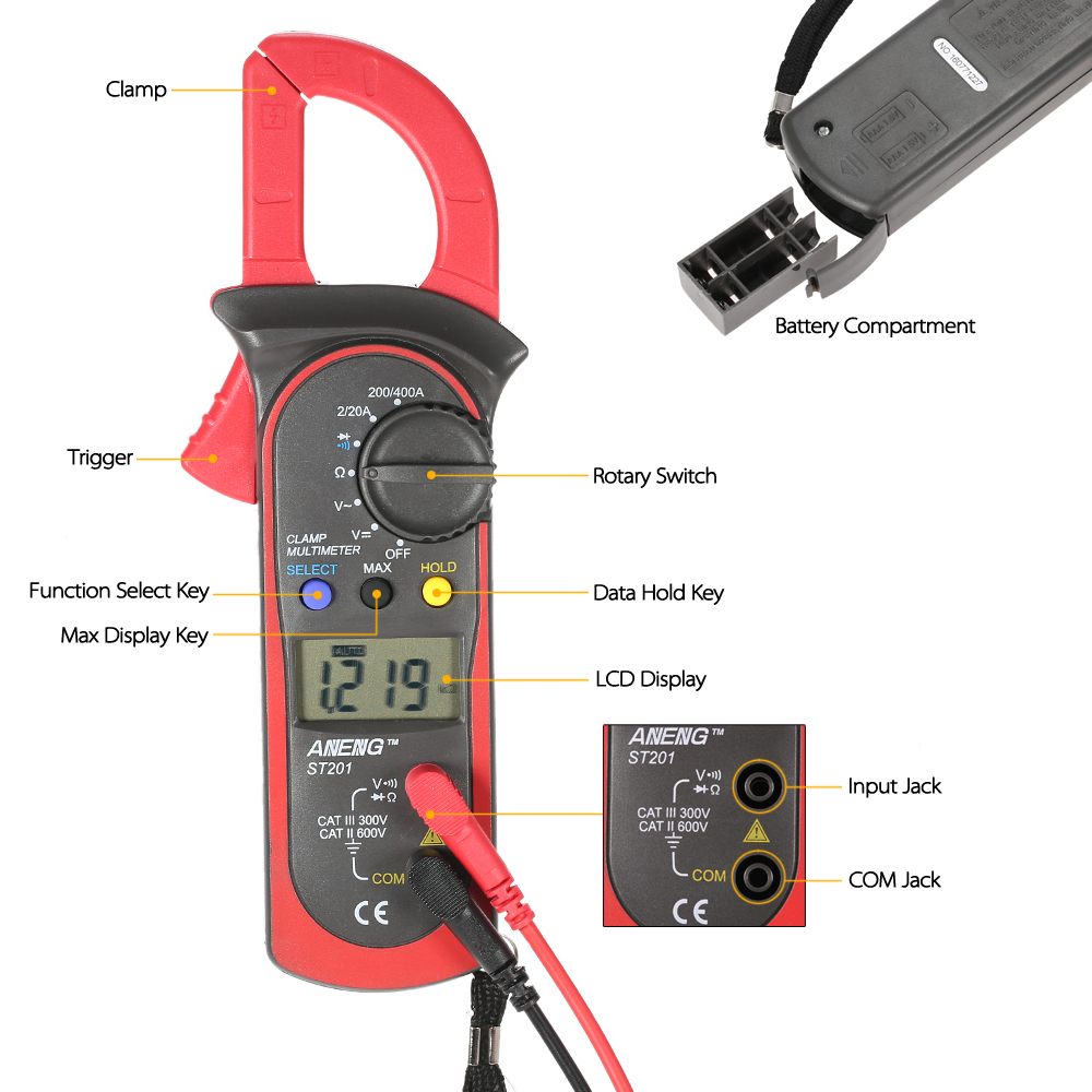 Handheld Digital LCD Display Clamp Meter Multimeter AC DC Voltage AC Current Resistance Diode Continuity Measuring Data Hold