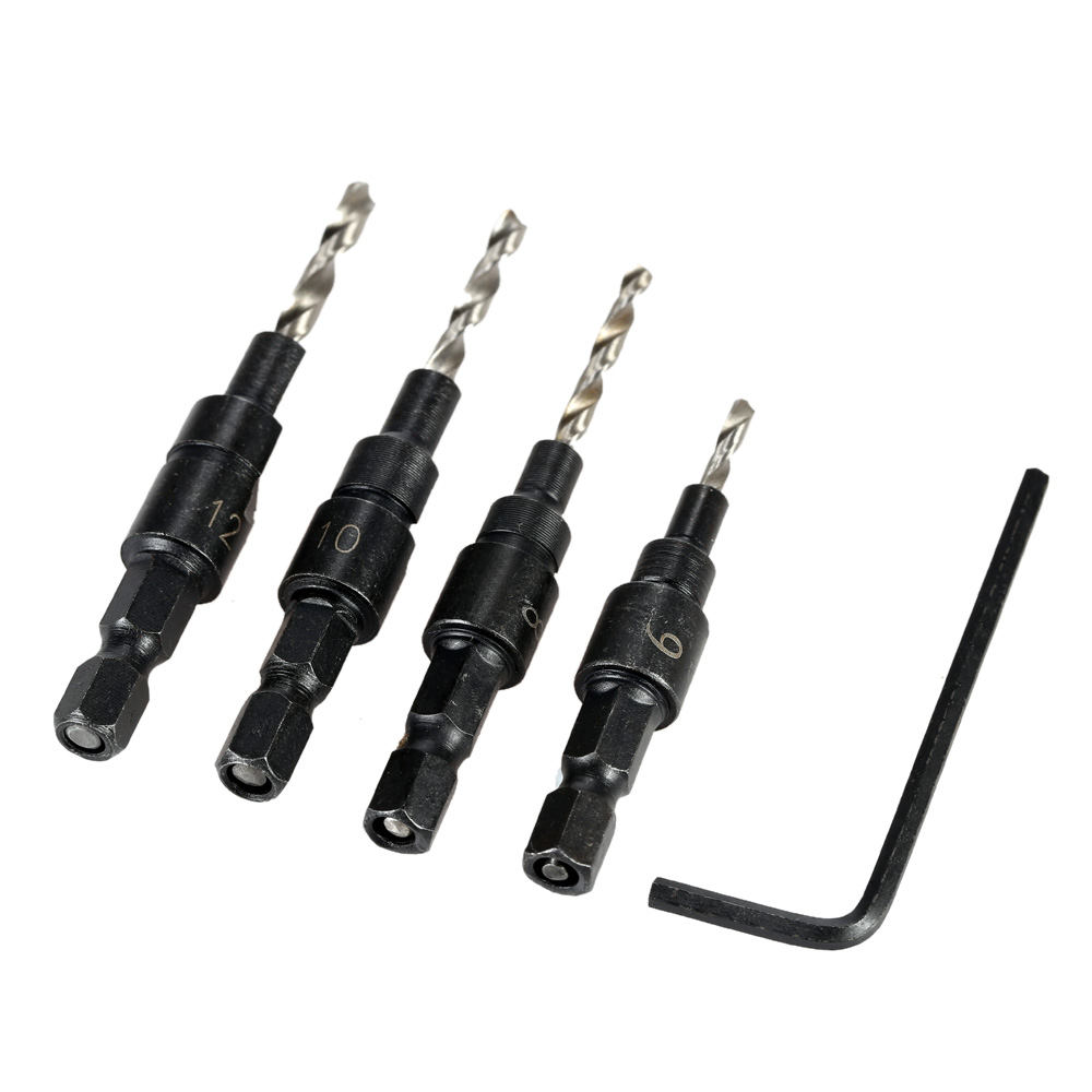 4PCS Countersink Drill Bit Set Quick Change Hex Shank Awesome Wrench Micro Chuck Perforator Manual Woodworking Tools Hand Drill