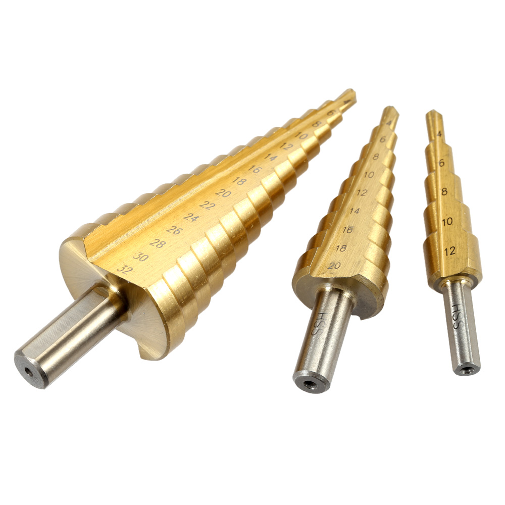 3PCS Professional Pagoda Drill Bit Quality Perforator HSS Titanium Coated Straight Flute Stepped Drill Bits 4 32mm 4 20mm 4 12mm