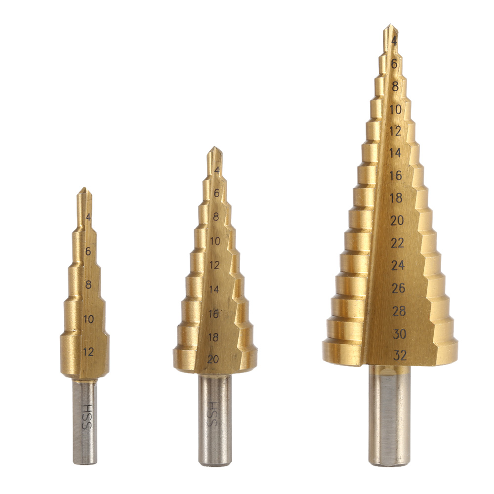 3PCS Professional Pagoda Drill Bit Quality Perforator HSS Titanium Coated Straight Flute Stepped Drill Bits 4 32mm 4 20mm 4 12mm