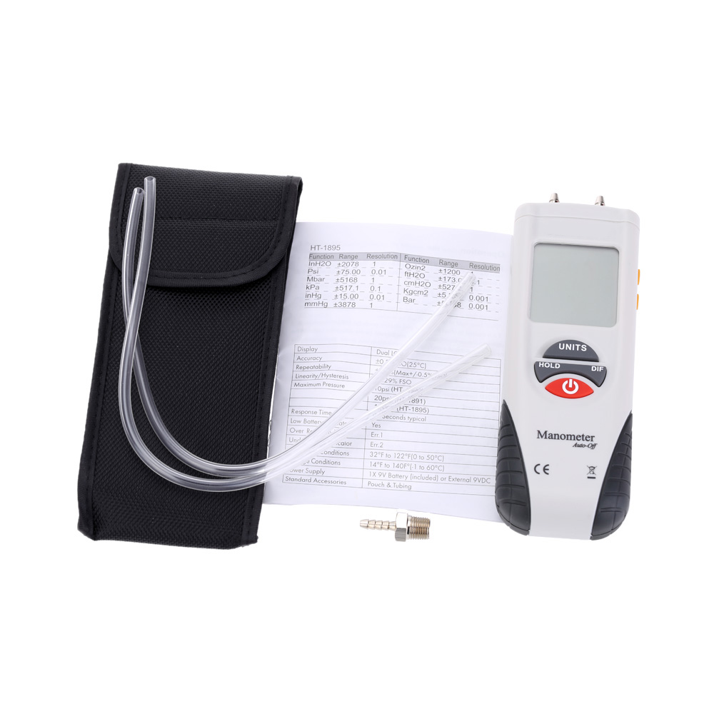 LCD HT 1890 Digital Manometer Air Pressure Meter Pressure Gauges Differential Gauge Kit + Case+Retail Box Data Hold 11 Units
