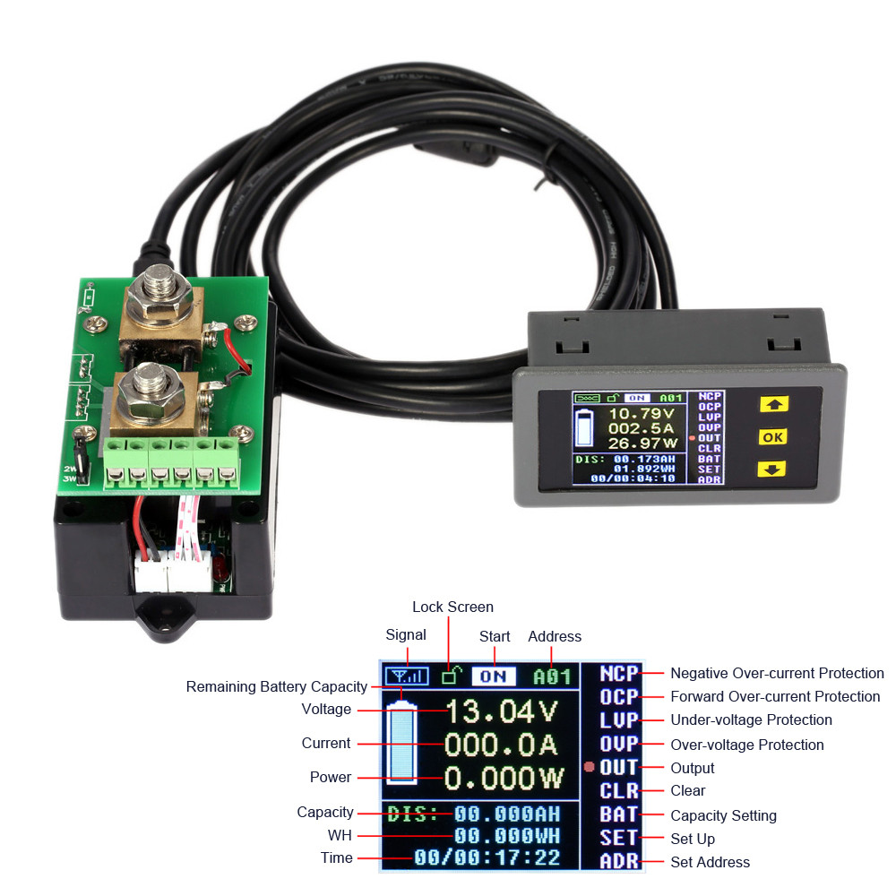 Digital Wireless Ammeter Voltmeter Wireless Bi directional Voltage Current Tester Power Meter Coulomb Counter DC 0.01 120V