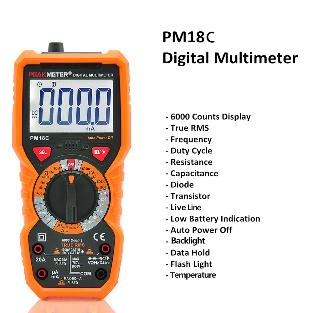 PEAKMETER Digital Multimeter Measuring Voltage Current Resistance Capacitance Frequency Temperature hFE NCV Live Line Tester