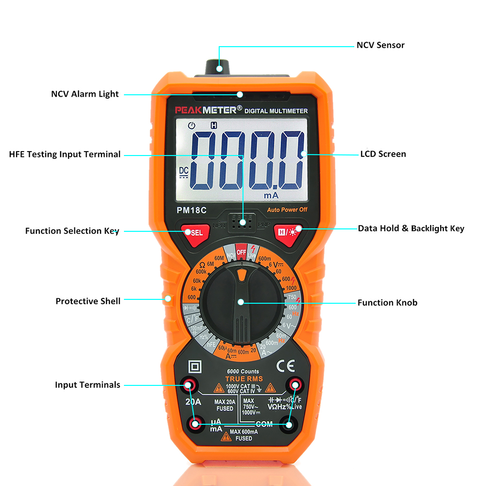 PEAKMETER Digital Multimeter Measuring Voltage Current Resistance Capacitance Frequency Temperature hFE NCV Live Line Tester