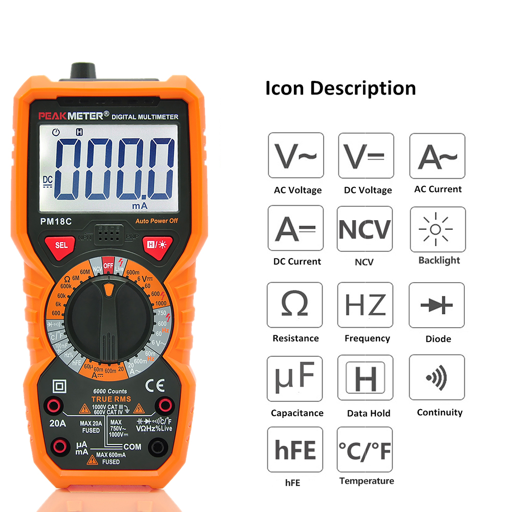 PEAKMETER Digital Multimeter Measuring Voltage Current Resistance Capacitance Frequency Temperature hFE NCV Live Line Tester