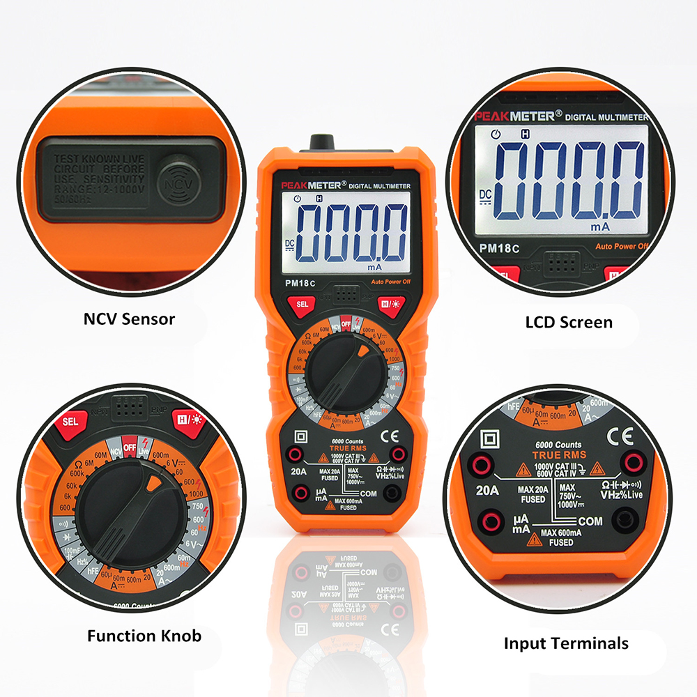 PEAKMETER Digital Multimeter Measuring Voltage Current Resistance Capacitance Frequency Temperature hFE NCV Live Line Tester