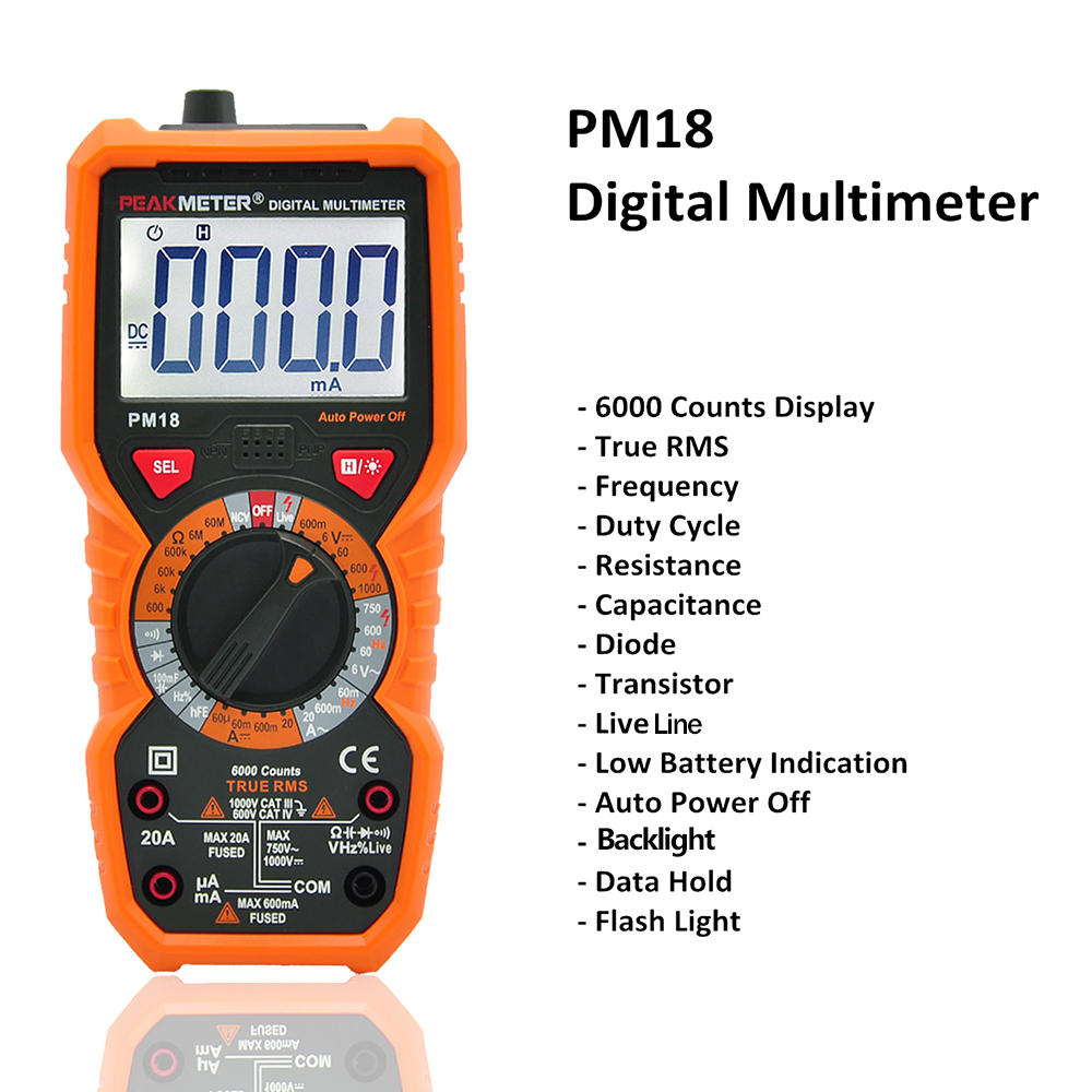 PEAKMETER Digital Multimeter Measuring Voltage Current Resistance Capacitance Frequency Temperature hFE NCV Live Line Tester