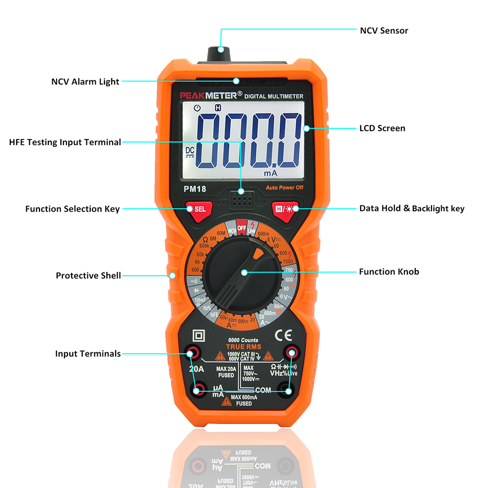 PEAKMETER Digital Multimeter Measuring Voltage Current Resistance Capacitance Frequency Temperature hFE NCV Live Line Tester