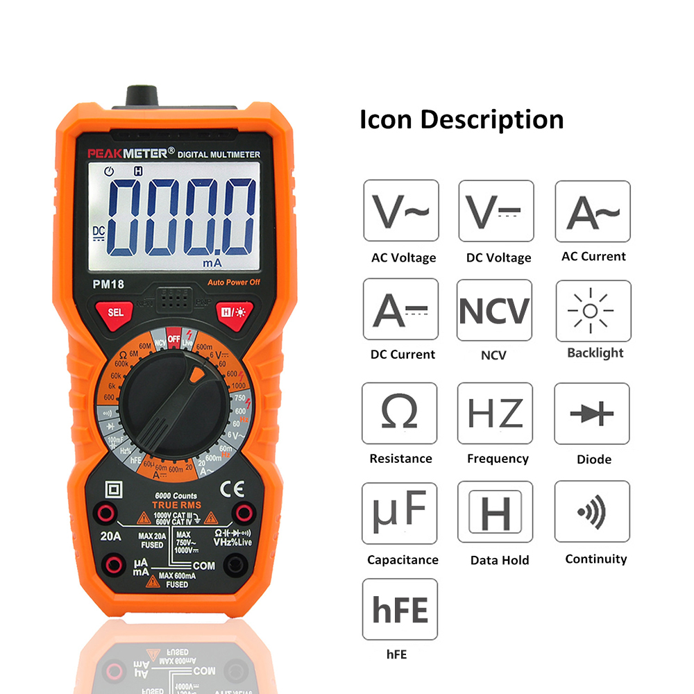 PEAKMETER Digital Multimeter Measuring Voltage Current Resistance Capacitance Frequency Temperature hFE NCV Live Line Tester