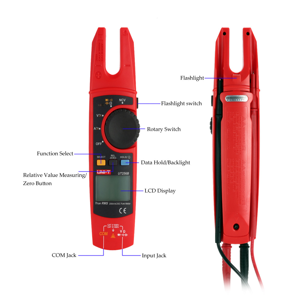 UNI T UT256B True RMS Clamp Meter Digital Fork Meter Multimeter AC DC Volotage Current Resistance Capacitance NCV Test Backlight