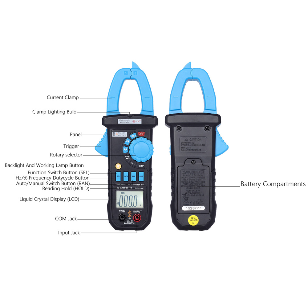 Digital LCD Clamp Meter Multimeter DC AC Voltage AC Current Resistance Capacitance Continuity Diode Tester Auto Manual Range