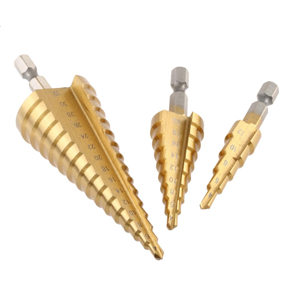 3 Pcs set Drill Bits Hex Shank HSS Titanium Coated Straight Flute Stepped Drill Bits wooden working tools Pagoda Drill Bit Set