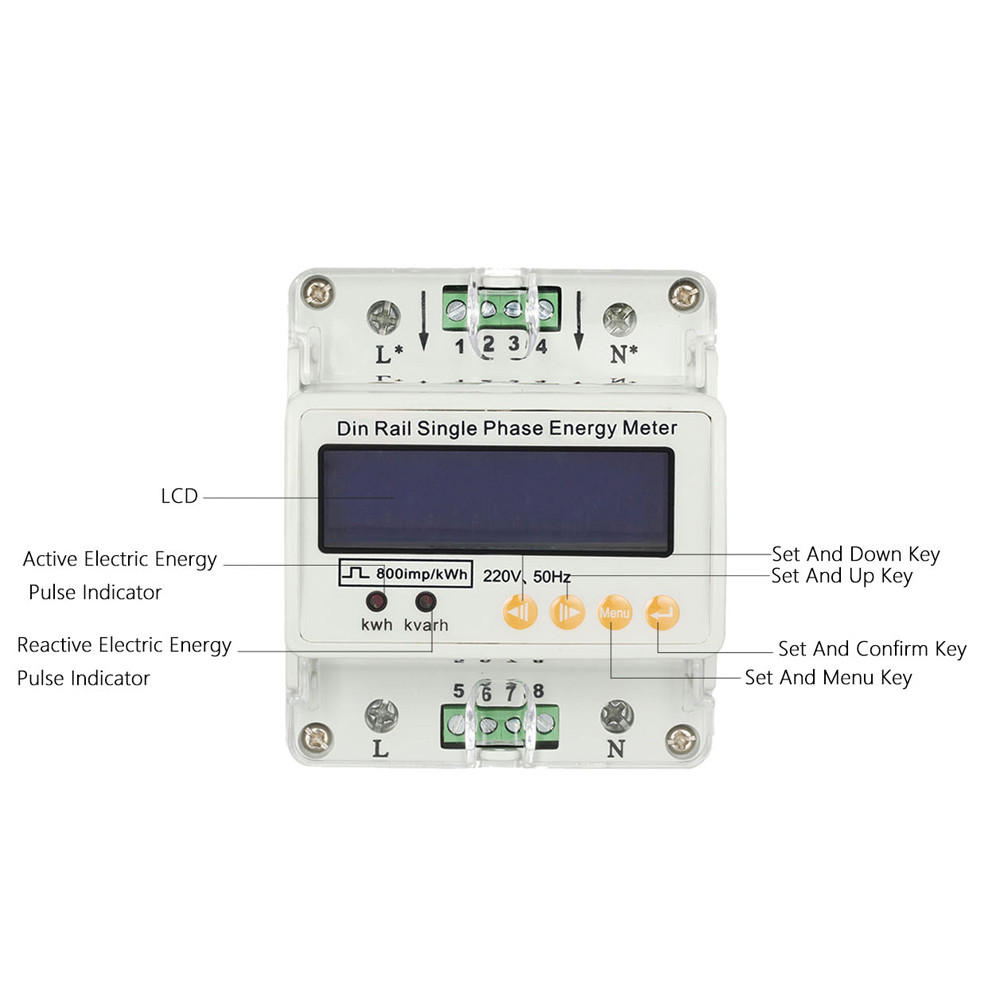 LCD Din Rail Single Phase Power Meter Electricity Energy Meter 50 60Hz Current Voltage Watt Meter Din rail Kilowatt Hour Tester