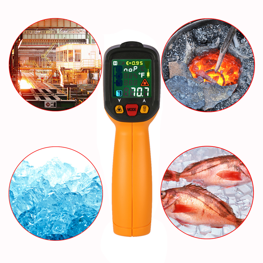 Digital Infrared IR Thermometer Temperature Humidity Dew Point Tester K Type Thermocouple with UV Light Adjustable Emissivity