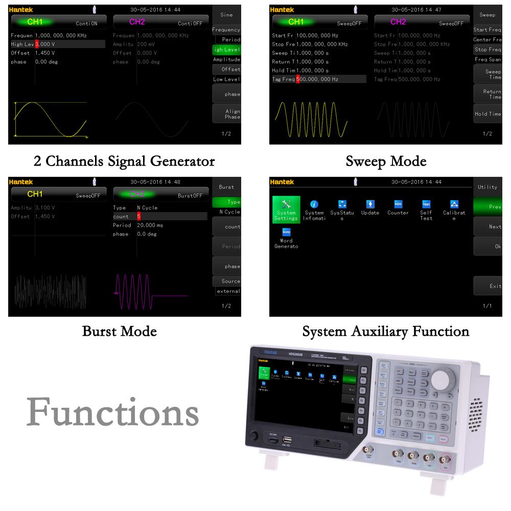 Hantek HDG2002B 5MHz 250MSa s 2 Channels signal generator Arbitrary Waveform Function Generator 16 Bits frequency generator