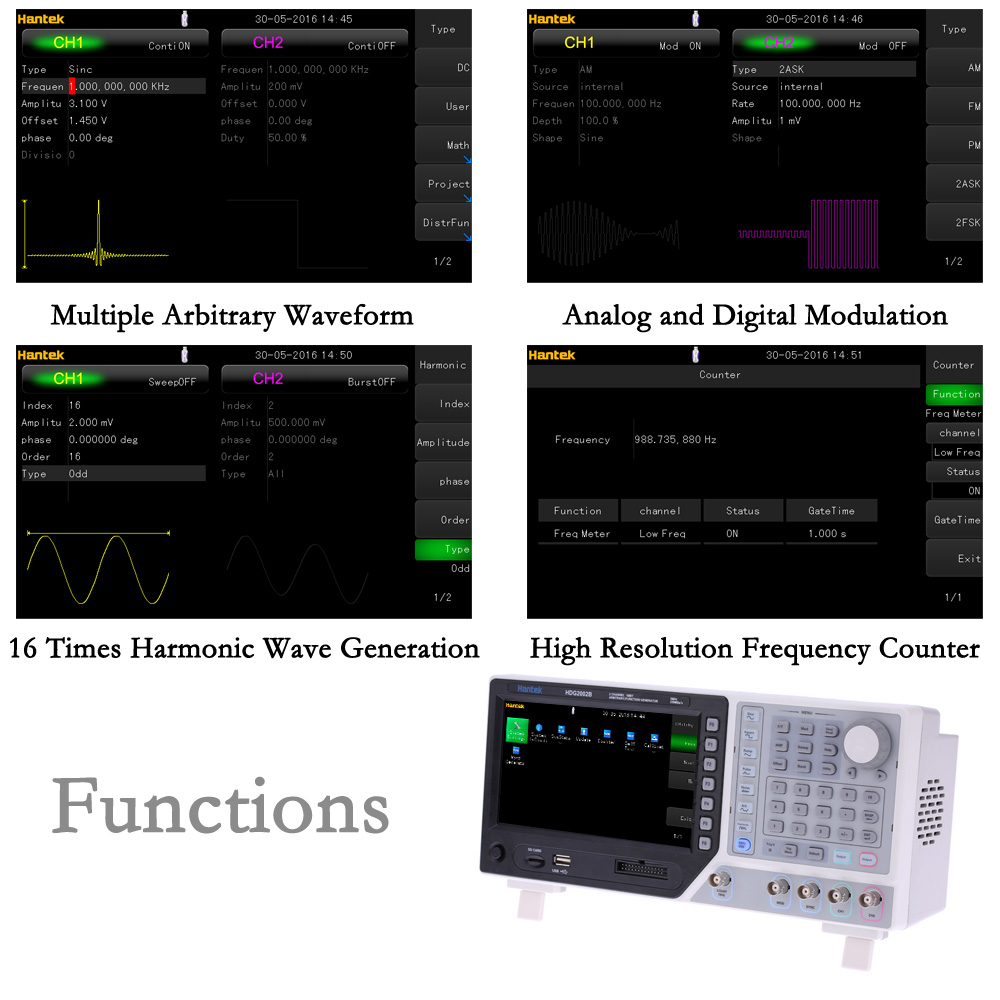 Hantek HDG2002B 5MHz 250MSa s 2 Channels signal generator Arbitrary Waveform Function Generator 16 Bits frequency generator