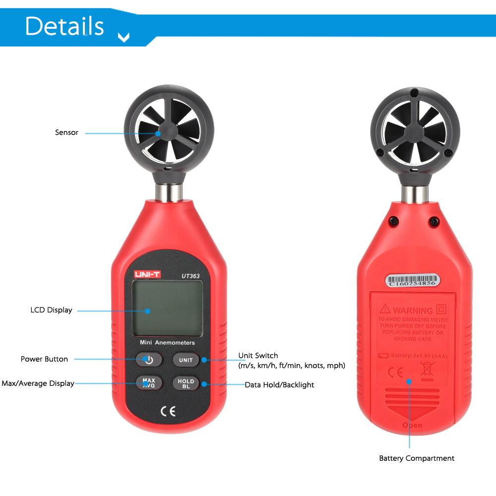 UNI T Anemometer Mini LCD Display Digital Anemometer Wind Speed Temperature Measuring Wind Scale Windchill Indication UT363