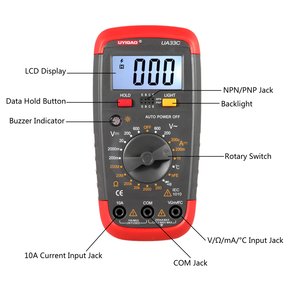 UYIGAO UA33C Handheld Digital Multimeter Temperature Measurer Diode Continuity Tester AC DC Voltage DC Current Resistance Meter
