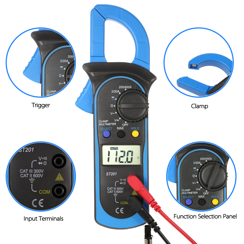 Handheld Digital LCD Display Clamp Meter Multimeter AC DC Voltage AC Current Resistance Diode Continuity Measuring Data Hold