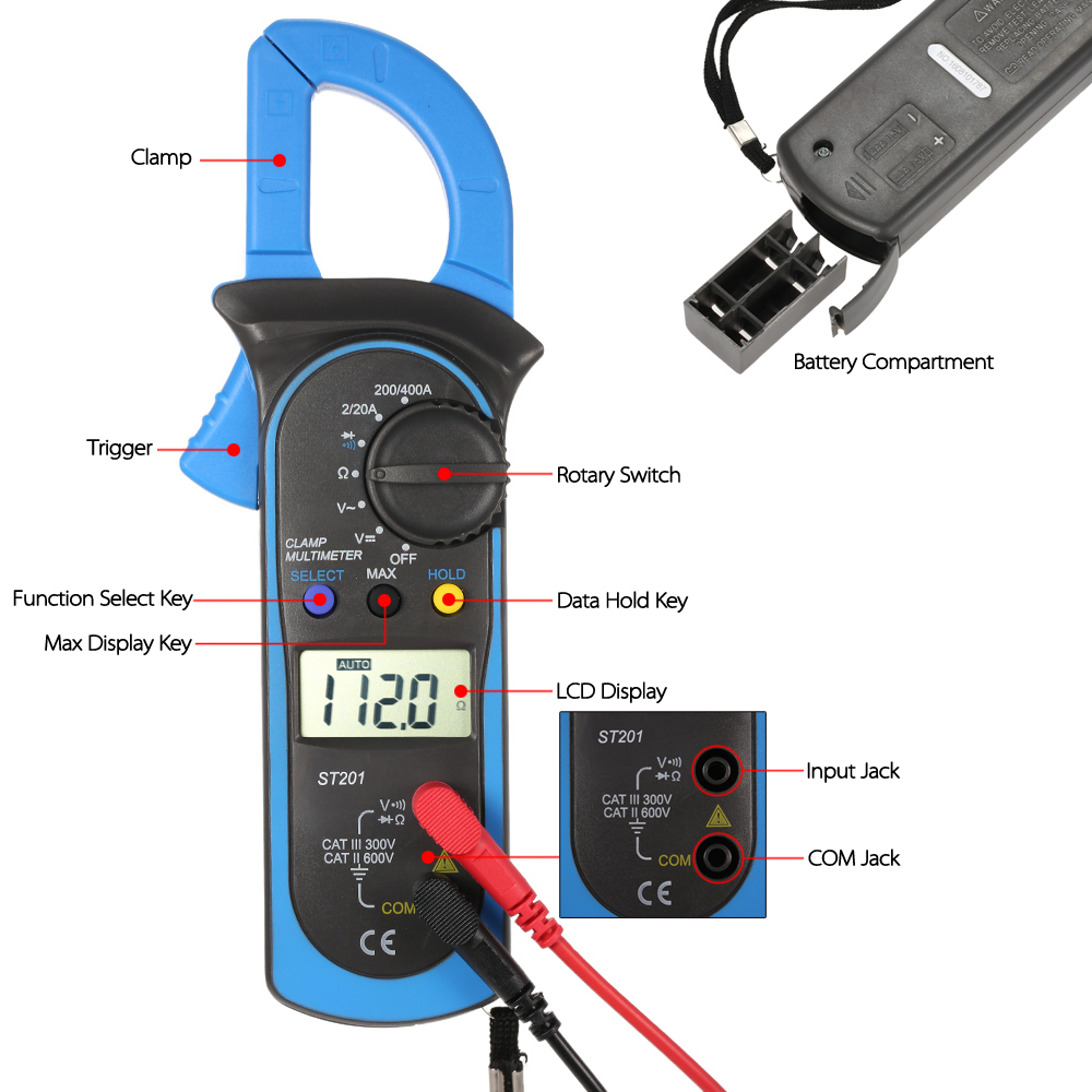 Handheld Digital LCD Display Clamp Meter Multimeter AC DC Voltage AC Current Resistance Diode Continuity Measuring Data Hold