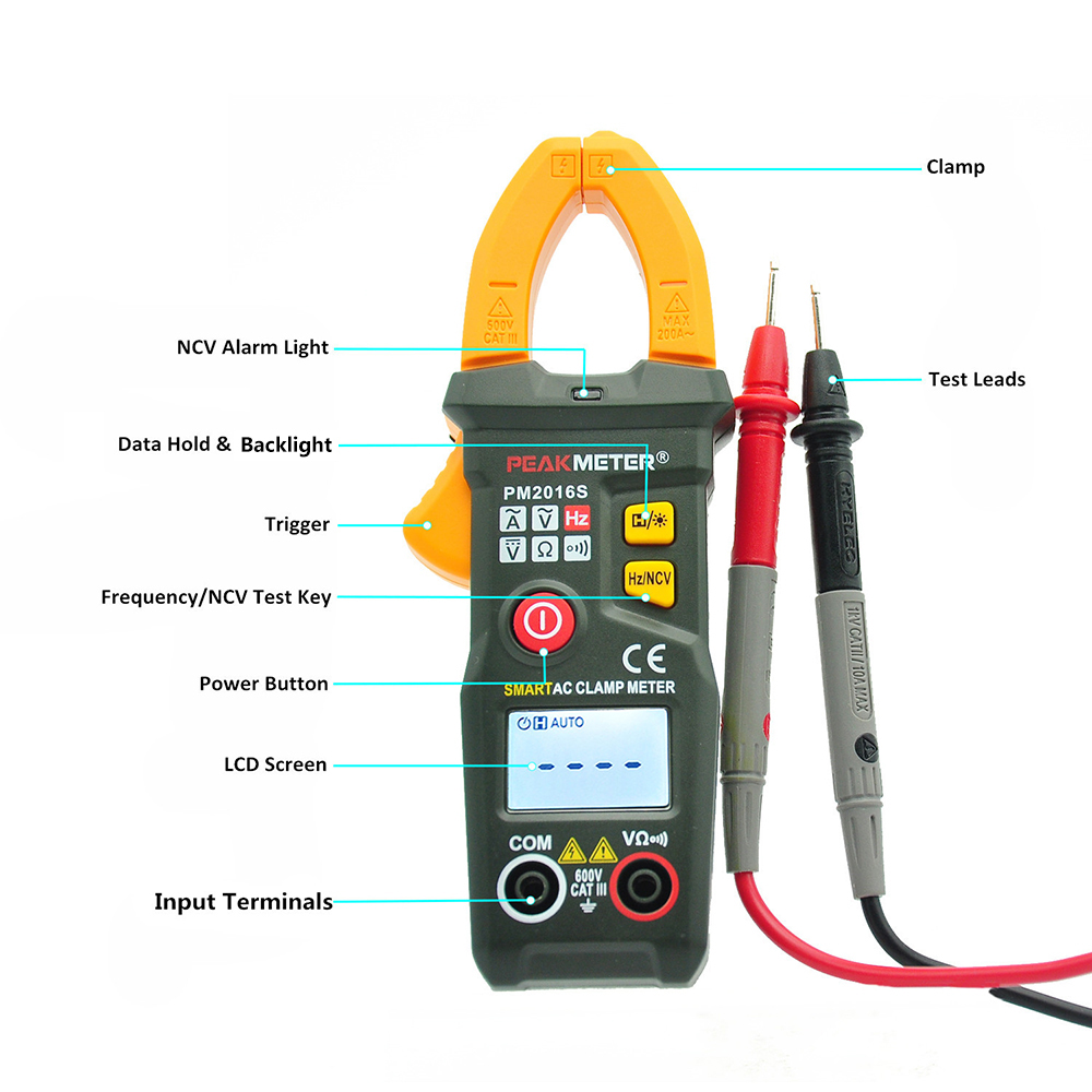 PEAKMETER Digital Clamp Meter Handheld Smart Mini Multimeter AC DC Voltage AC Current Resistance Frequency NCV Measuring Tester