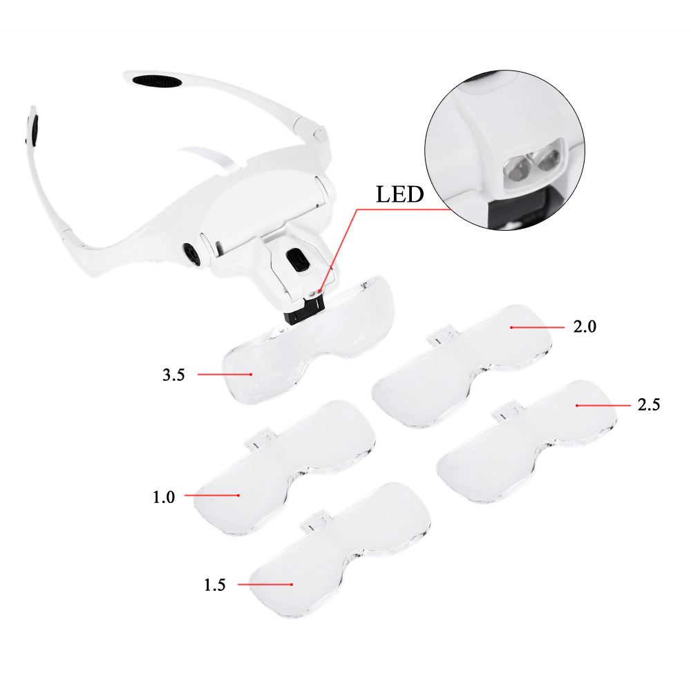 5 Lens lupa 1.0X 3.5X Magnifier Adjustable Bracket Headband Glasses Loupe magnifying glass with 2 Lights Goggles Magnifying Tool