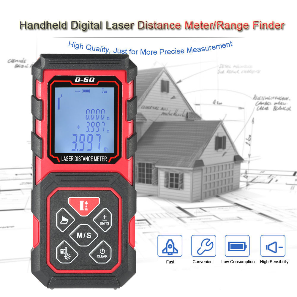 60m 229ft Distance Meter Portable Handheld Digital Laser Distance Meter High Precision Range Finder Area Volume Measurement