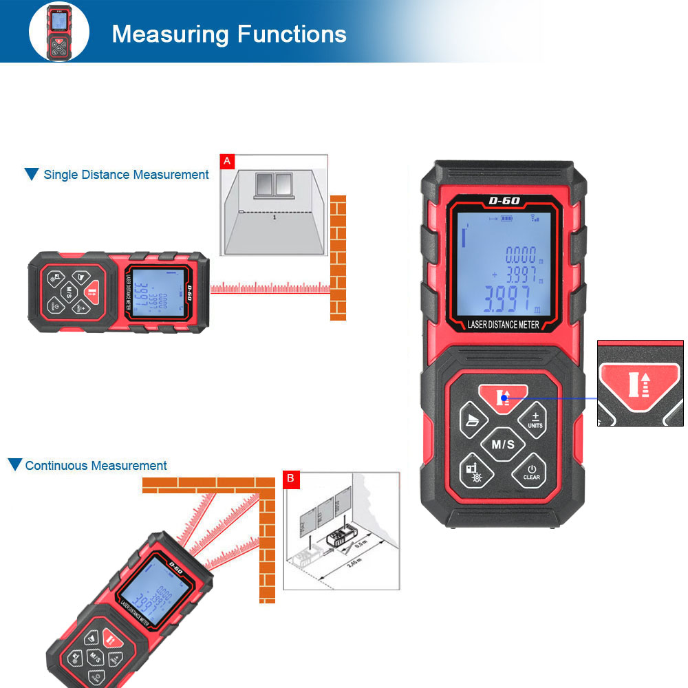 60m 229ft Distance Meter Portable Handheld Digital Laser Distance Meter High Precision Range Finder Area Volume Measurement