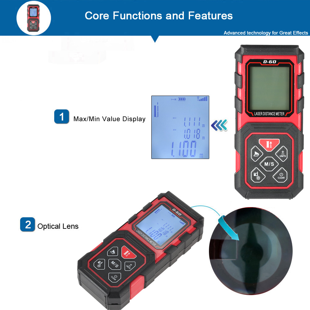 60m 229ft Distance Meter Portable Handheld Digital Laser Distance Meter High Precision Range Finder Area Volume Measurement