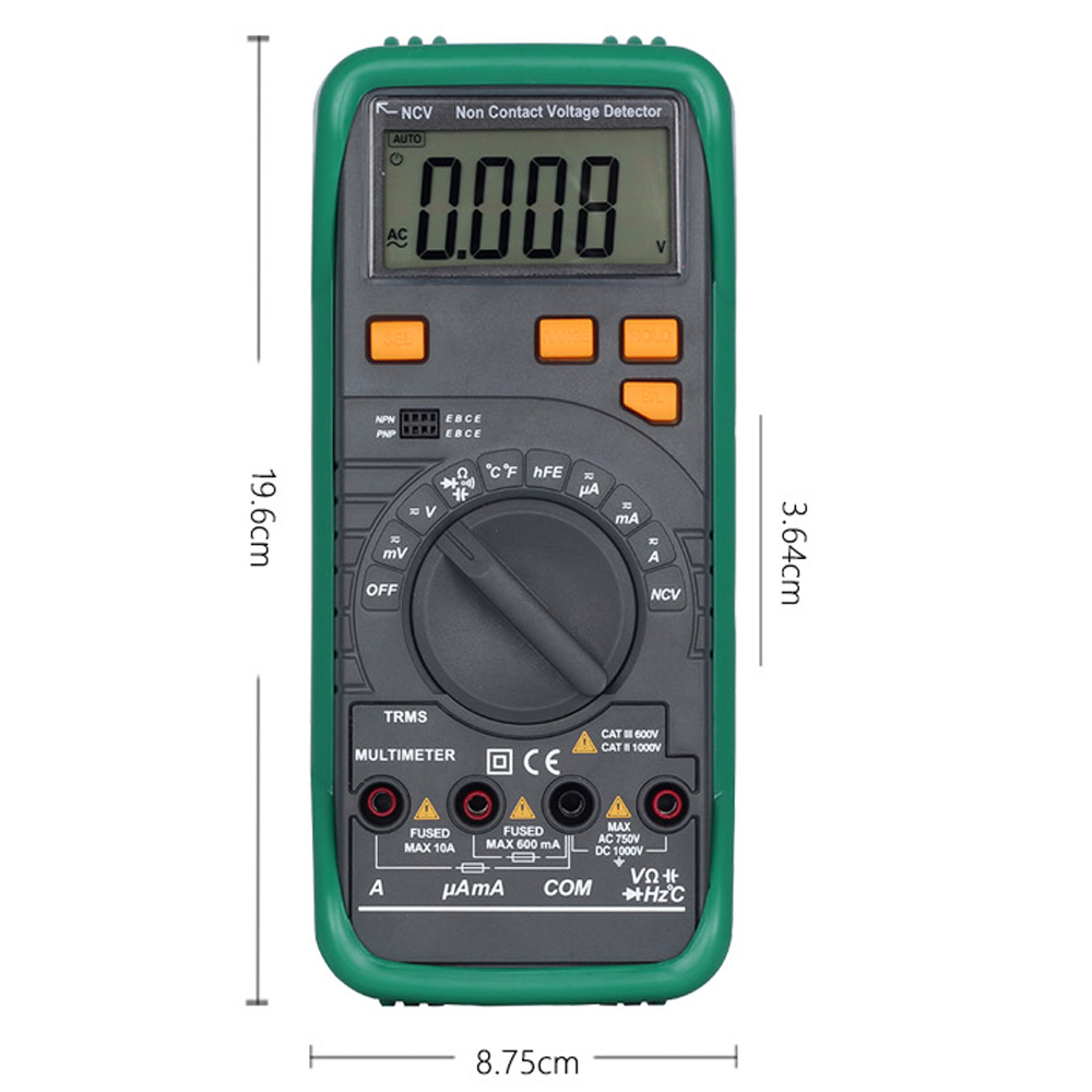 Digital Multimeter Voltage Current Meter Resistance Diode Capaticance Tester Temperature Meaurer Auto Manual Range NCV Function